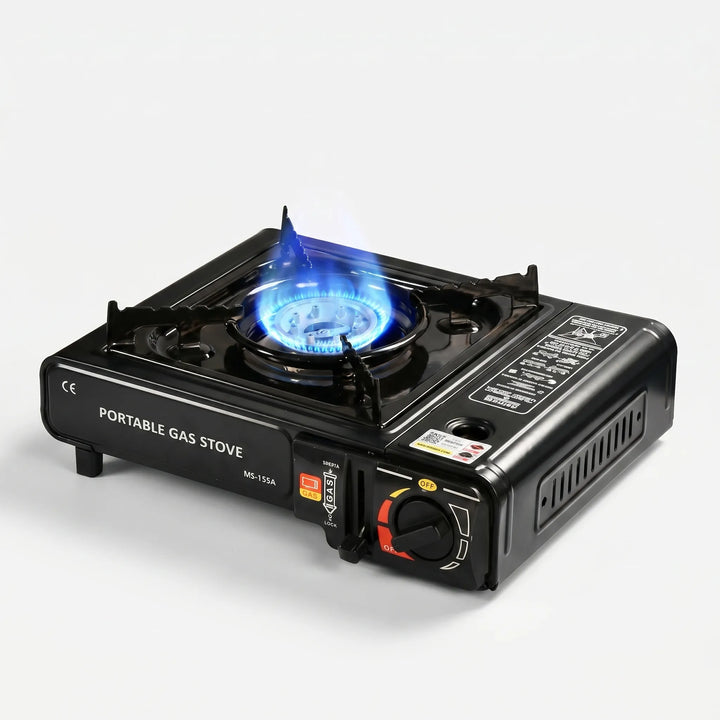 Lightweight single burner camping stove, compact design for easy transport in any camp kitchen.