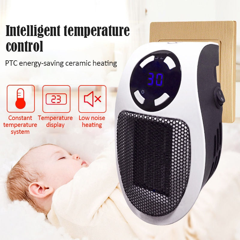 Small electric space heater on a desk, ideal for quiet personal warming in office or home. Energy efficient.