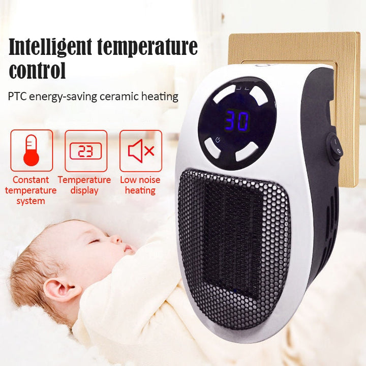 Small electric space heater on a desk, ideal for quiet personal warming in office or home. Energy efficient.