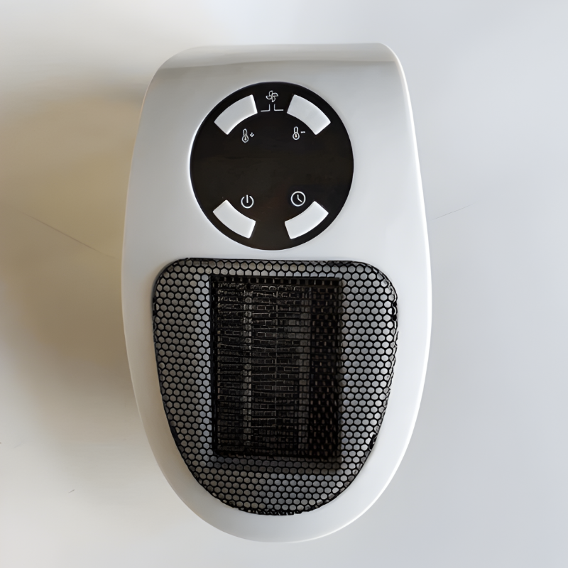 Compact space heater warming a living room corner. Quiet, portable electric mini heater for efficient home use.