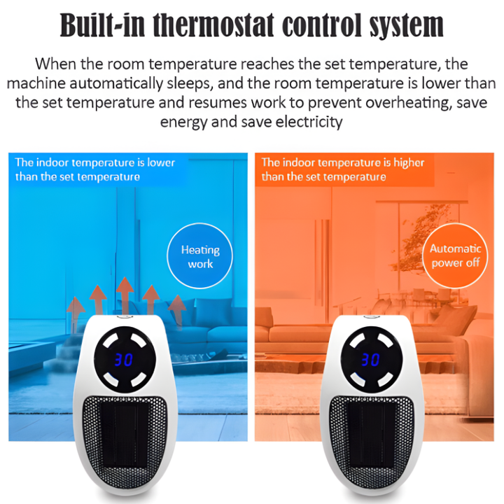 Front view of a quiet, compact portable electric space heater with simple controls. Ideal for office & home warming.