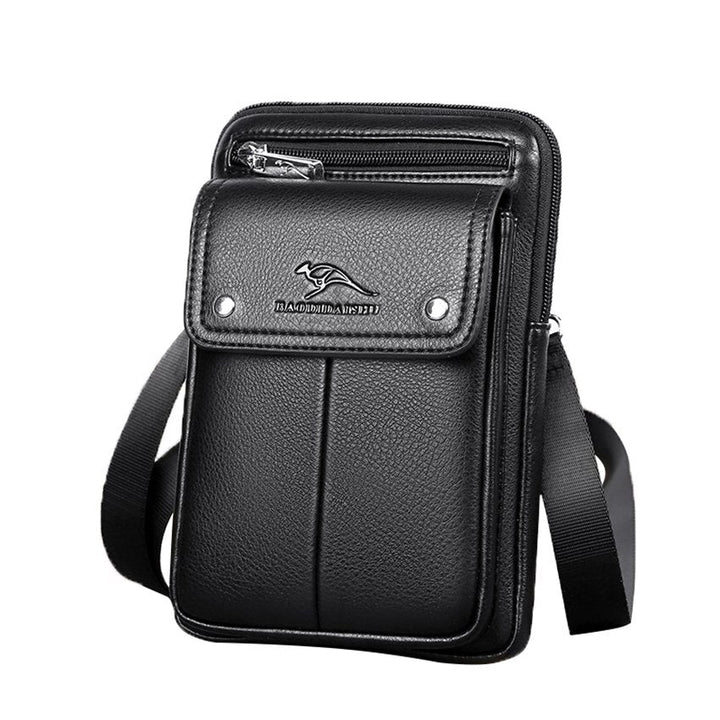 Compact PU leather crossbody bag for men in black with adjustable strap, front view.