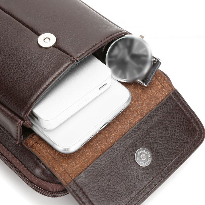 Men's compact brown PU leather messenger bag with top zipper and adjustable strap.