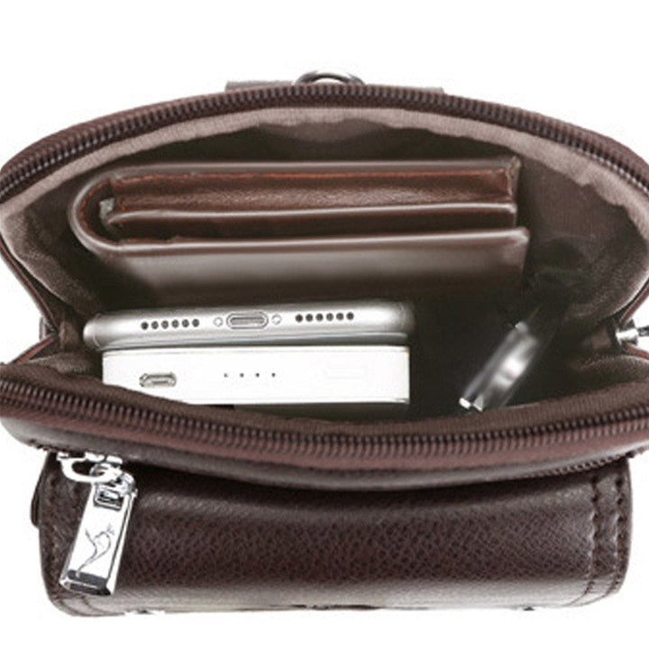 Brown compact messenger bag for men, made of durable PU leather with secure closure.