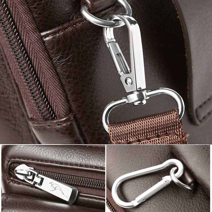 Compact PU leather men's bag in brown, shown with its adjustable crossbody strap.