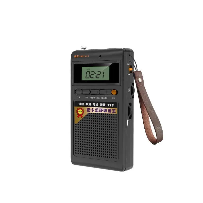 Compact SoundPocket Mini portable Bluetooth radio with MP3 player, featuring full band AM/FM/SW reception.