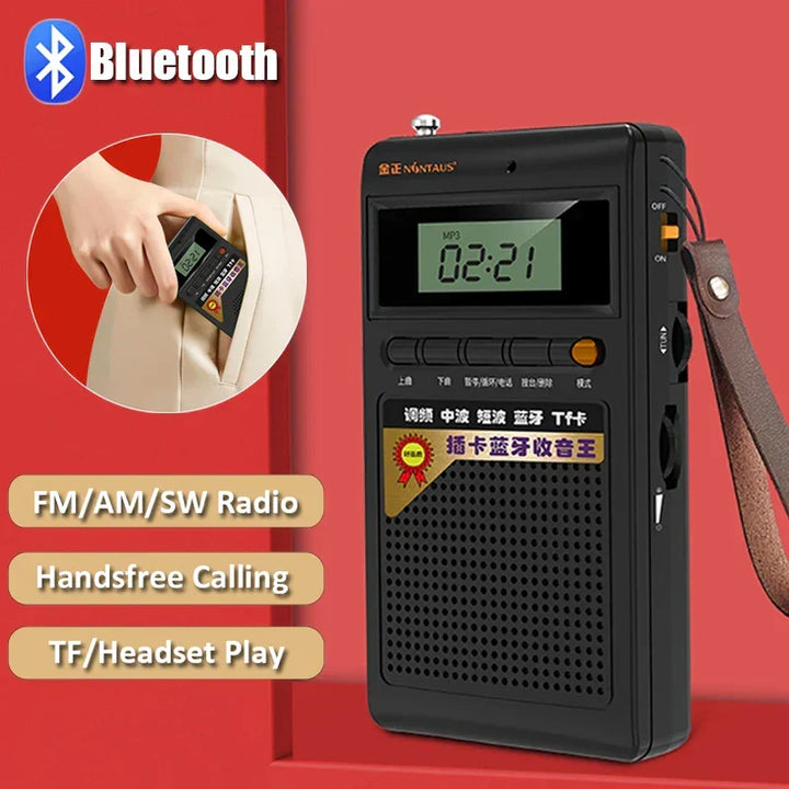 Unisex compact Bluetooth speaker and MP3 player with built-in FM/AM/SW radio, ideal for portable music.