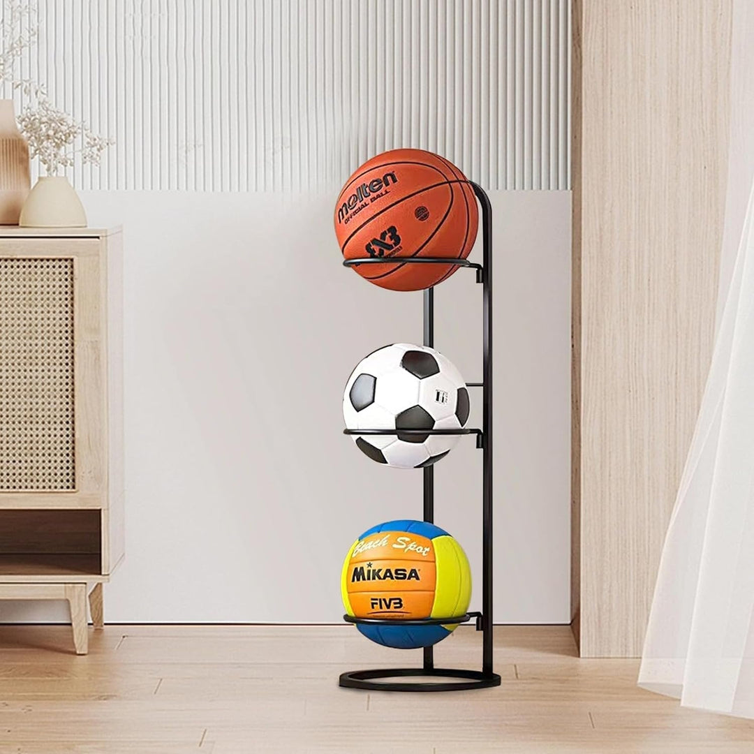Space-saving sports equipment rack; perfect for basketball, soccer, volleyball, & accessories in a garage.