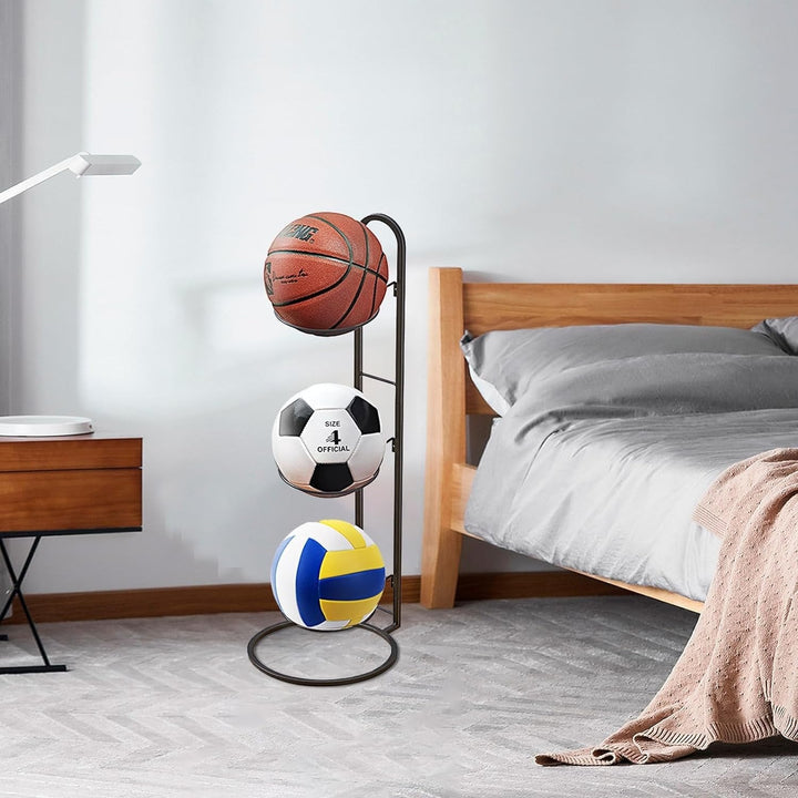Durable compact sports ball holder, ideal for home gym organization of basketballs, soccer, & accessories.