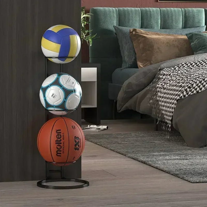 Efficient multi-ball storage rack for garage; keeps basketball, soccer, volleyball, & gear neatly organized.