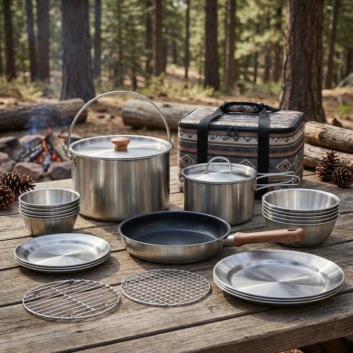 Compact stainless steel camping cookware set for outdoor cooking & hiking. Portable multi-piece kit.