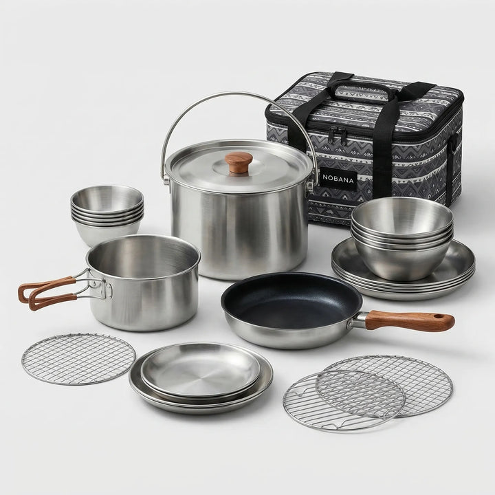 Durable outdoor cooking set, stainless steel camp dinnerware for camping & travel. Portable kitchen gear.