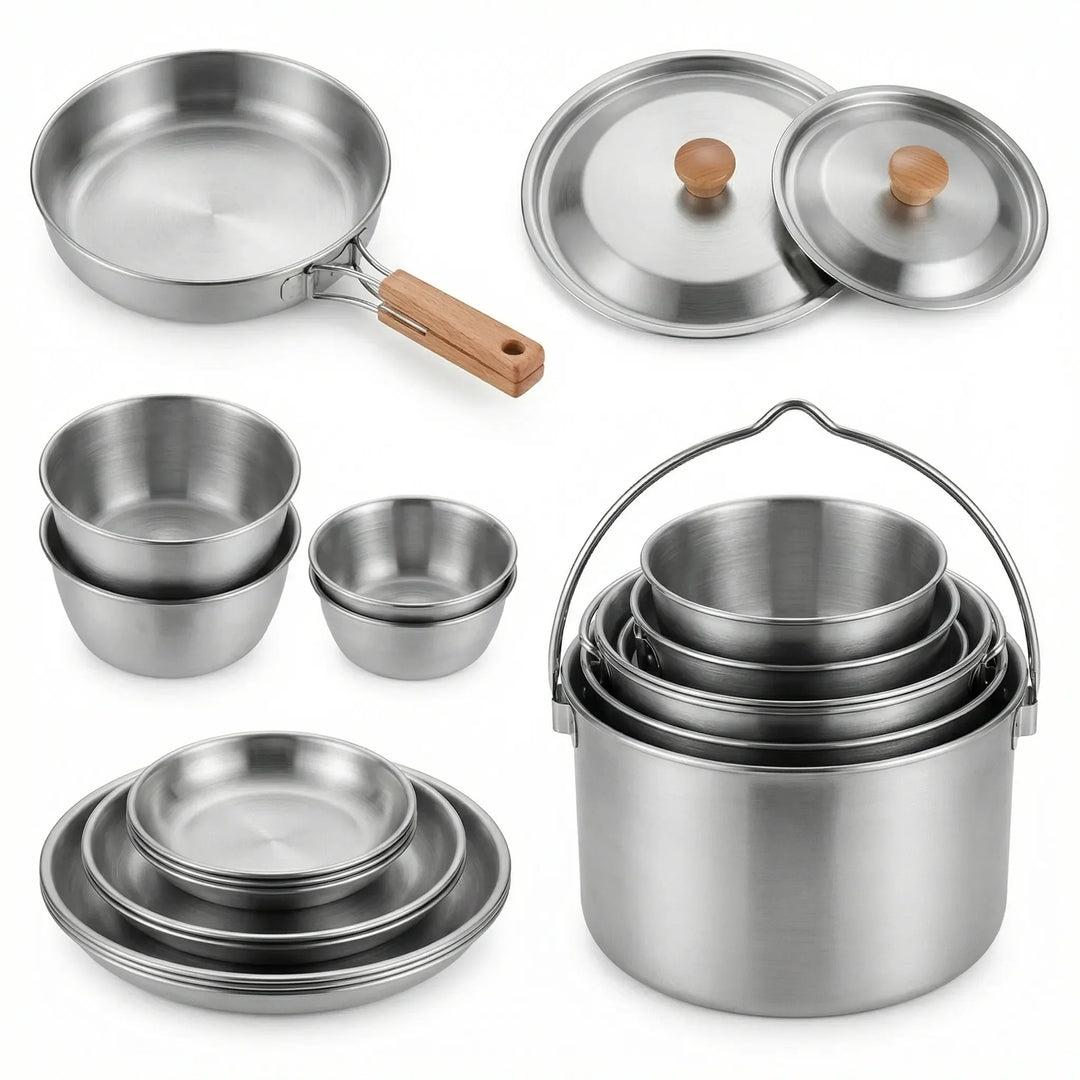 Multi-piece portable camping cookware set, stainless steel for outdoor cooking, hiking, & travel kitchens.