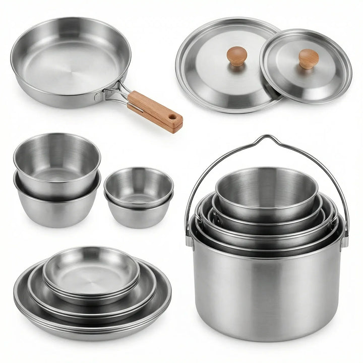 Multi-piece portable camping cookware set, stainless steel for outdoor cooking, hiking, & travel kitchens.