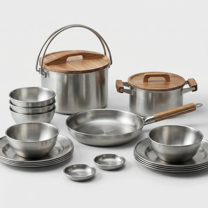 Essential outdoor cooking kit: portable stainless steel cookware set & camp dinnerware for hiking trips.