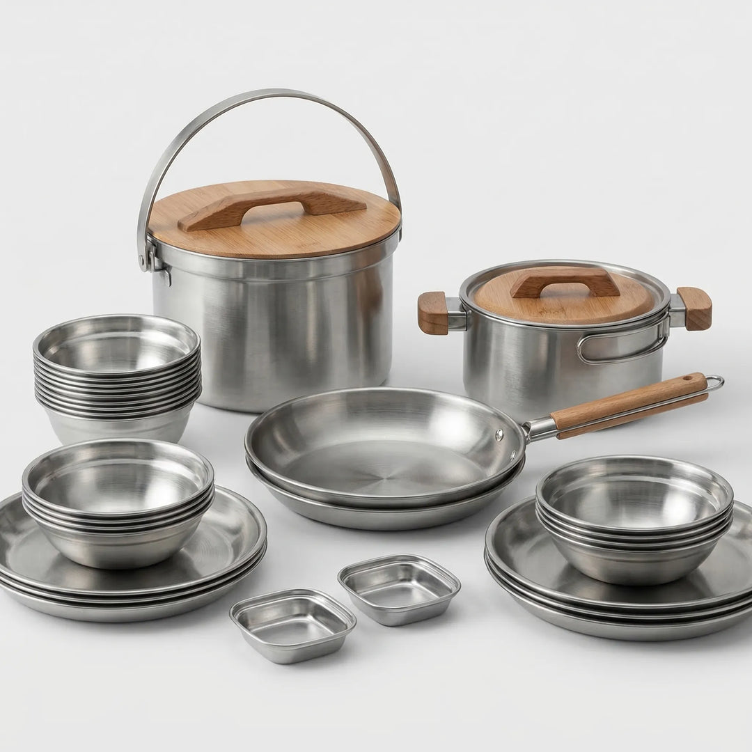 Lightweight outdoor camping cookware set, stainless steel multi-piece kit for travel & camp cooking.