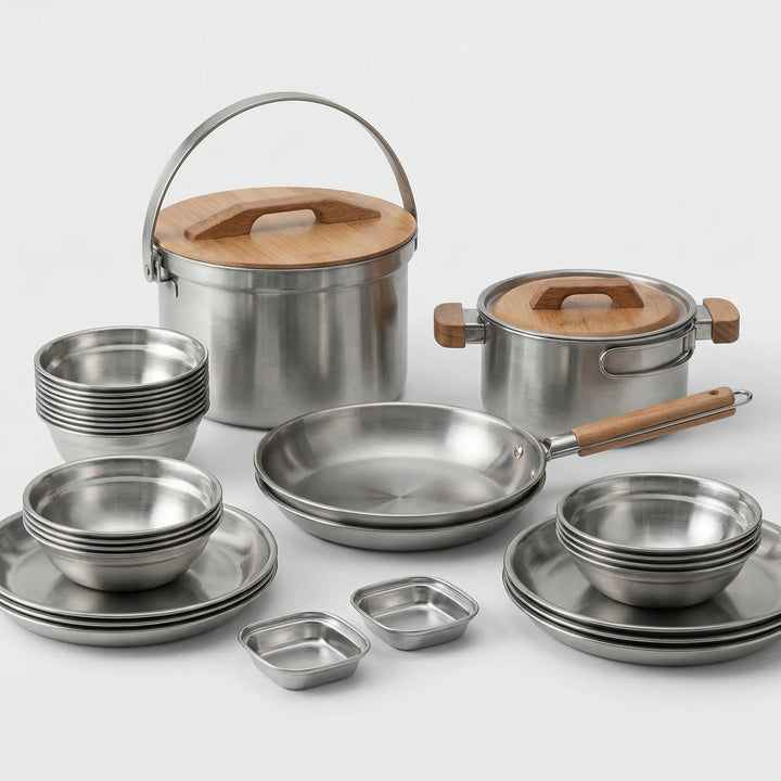 Lightweight outdoor camping cookware set, stainless steel multi-piece kit for travel & camp cooking.