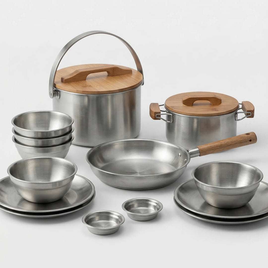 Complete portable outdoor kitchen set, stainless steel camping cookware for hiking and adventure meals.
