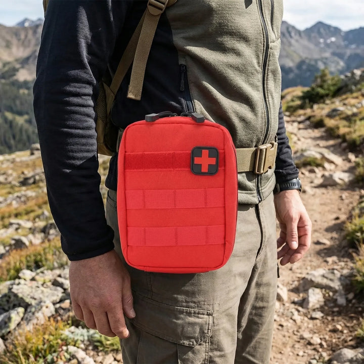 Compact tactical first aid pouch with MOLLE, ideal for outdoor adventures, hiking, and survival gear. Durable & lightweight.