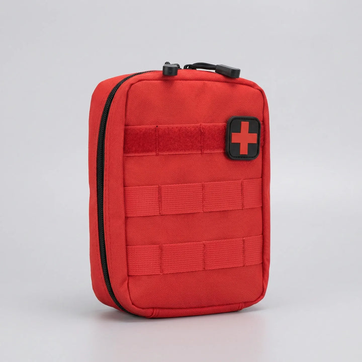 Khaki tactical first aid pouch, compact emergency kit for outdoor adventures, hiking, camping, and travel medical.