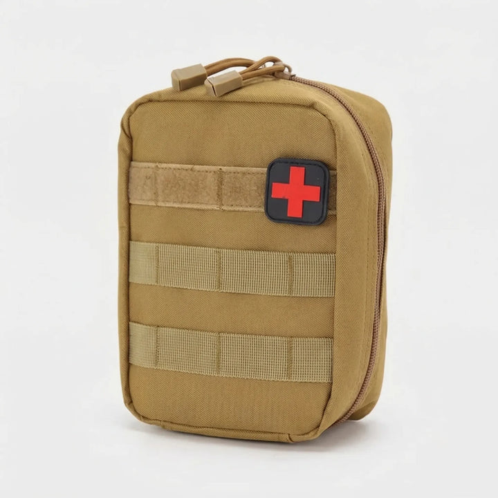 Compact & durable red tactical first aid pouch for outdoor adventures. Essential emergency kit & survival gear.