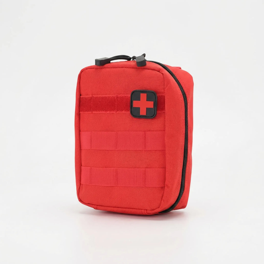 Green tactical first aid pouch, perfect for hiking, camping, and outdoor adventures. A compact survival & medical kit.