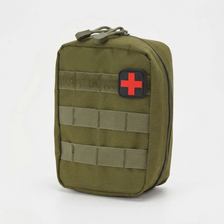 Durable tactical first aid pouch with MOLLE system. Compact emergency kit for outdoor adventures, hiking, & survival.
