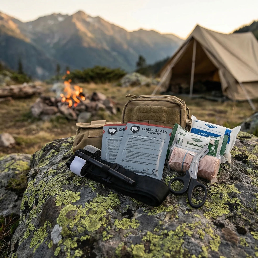 Compact tactical trauma kit with MOLLE pouch for emergency first aid readiness & survival gear.