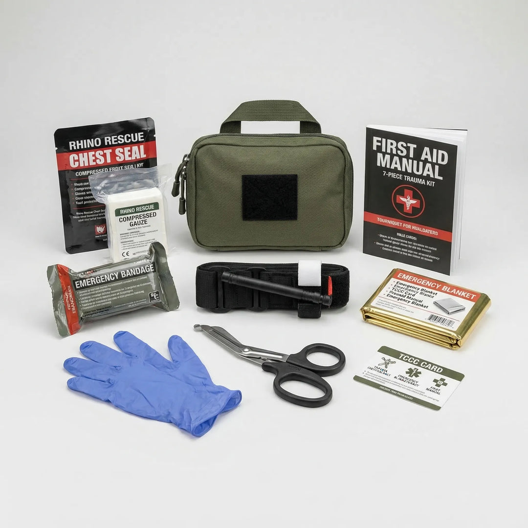 Essential outdoor safety & survival gear: a tactical trauma kit ready for wilderness emergencies and first aid.