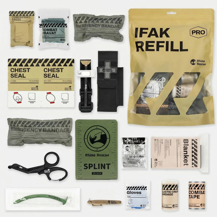Comprehensive emergency trauma kit for preparedness, featuring medical supplies for tactical first aid & survival situations.