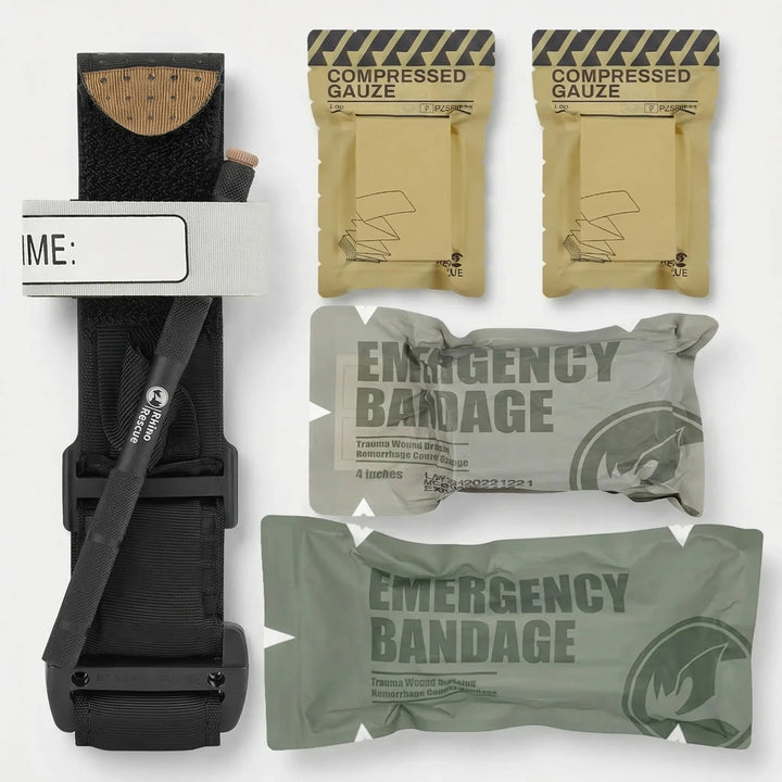 Vital medical supplies and survival gear within a compact IFAK tactical first aid & emergency trauma kit.