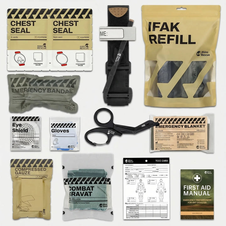 Close-up of the tactical first aid trauma kit, showcasing robust design for emergency readiness & outdoor safety.