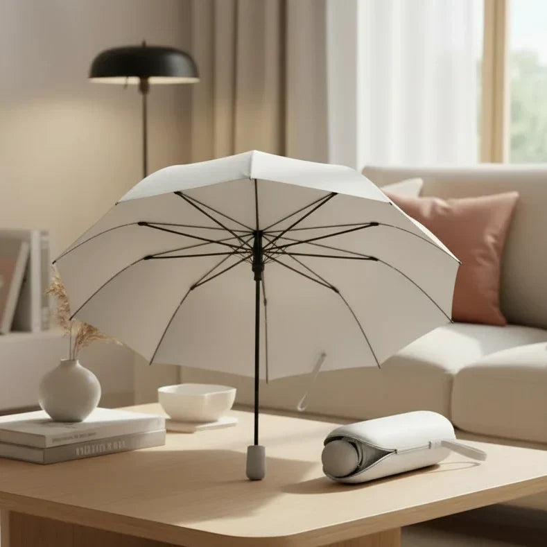 Compact travel umbrella, black, folded neatly, showcasing its ultra-portable design for easy carry.