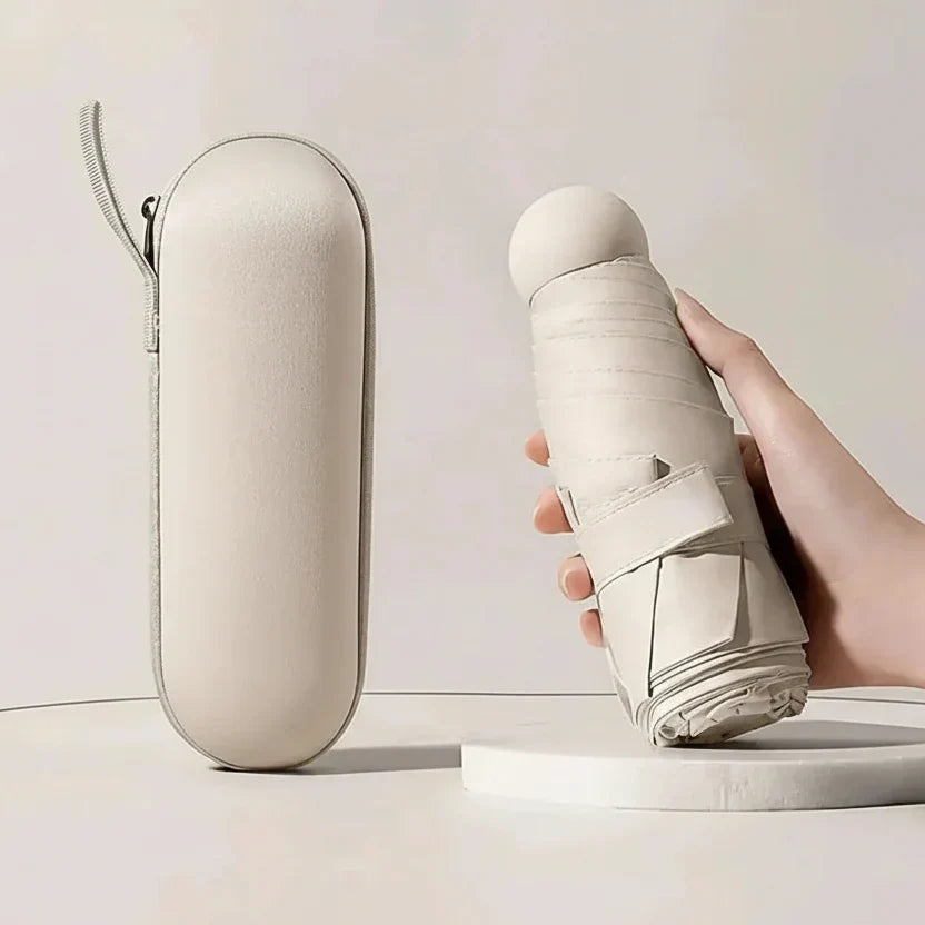 Mini capsule umbrella, sleek design, perfect for slipping into bags for unexpected downpours.