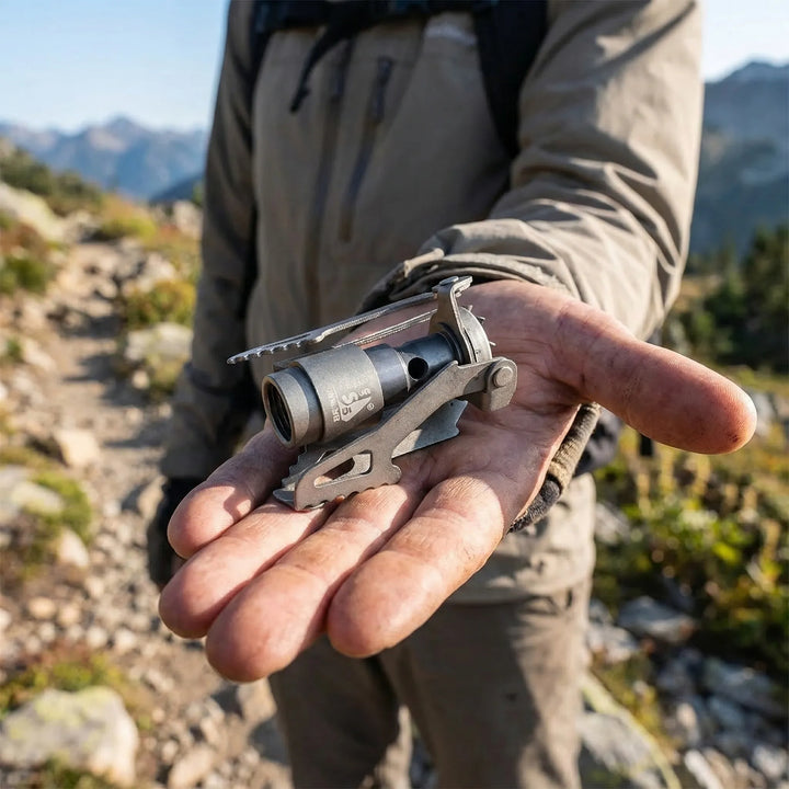 Compact ultralight pocket gas stove for backpacking. Portable burner for outdoor cooking, essential hiking gear.