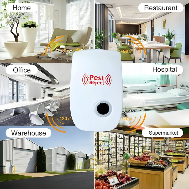Ultrasonic pest repeller plugged into an outlet, effectively deterring squirrels, rodents, & insects indoors & outdoors.