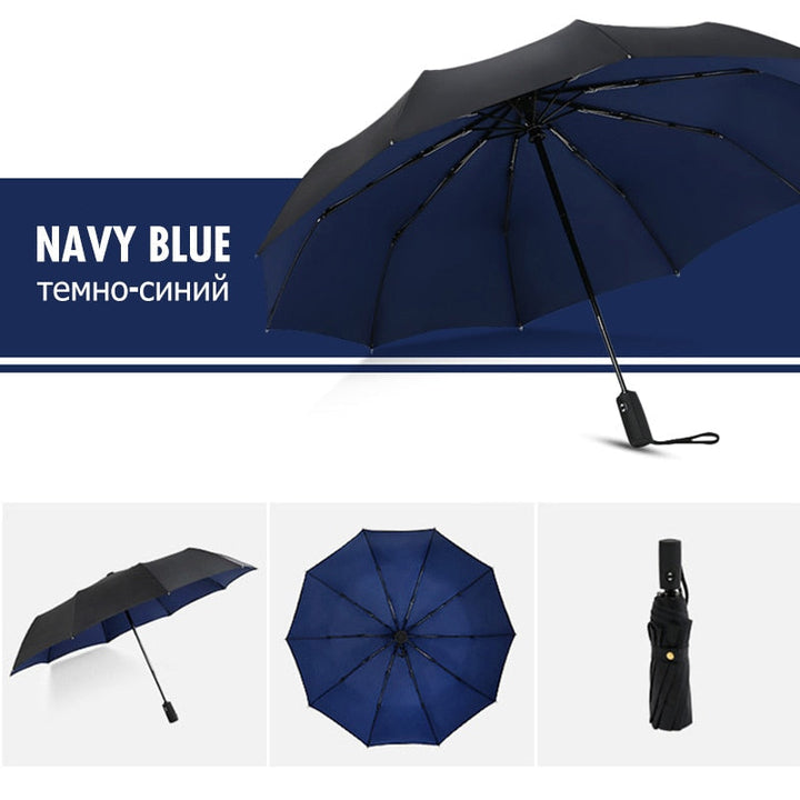Durable windproof travel umbrella provides storm-proof rain protection. Compact, portable, and automatic weather gear.