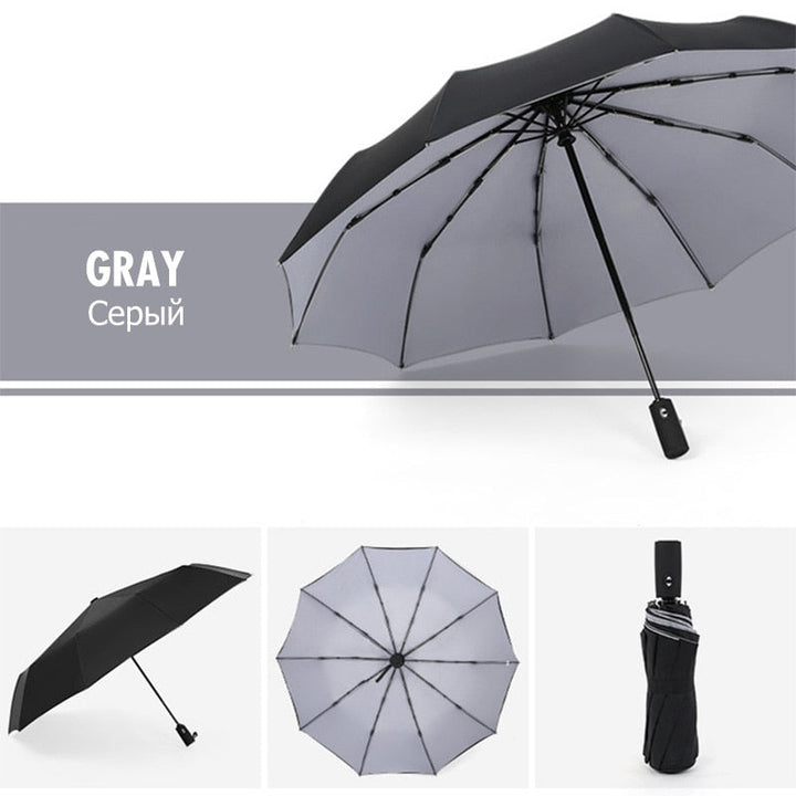 Sleek black compact windproof travel umbrella. Automatic, portable, and durable for reliable storm and rain protection.