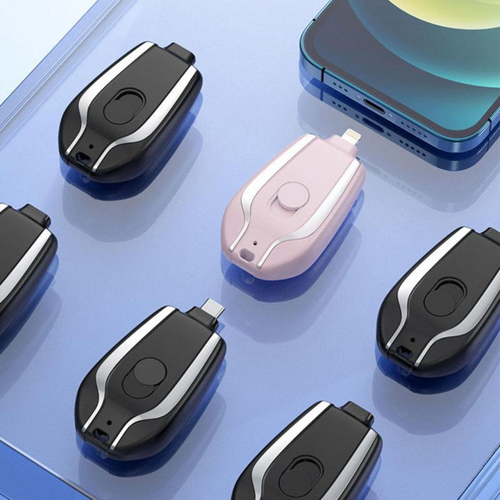 Emergency mini portable phone charger. Compact power bank for iPhone & USB-C smartphones. Travel essential.