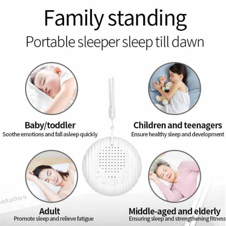 Sleek, modern USB rechargeable white noise machine. A portable sound aid for travel, baby sleep & adult relaxation.