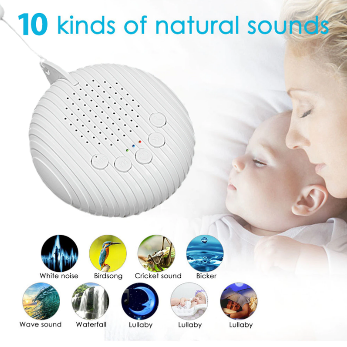 White, compact USB rechargeable white noise machine. Ideal sleep aid for adults & babies, offering relaxation & noise masking.