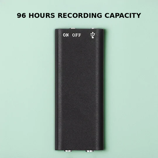 Discreet dictaphone for meetings, lectures & interviews; features voice activation and clear sound recording.