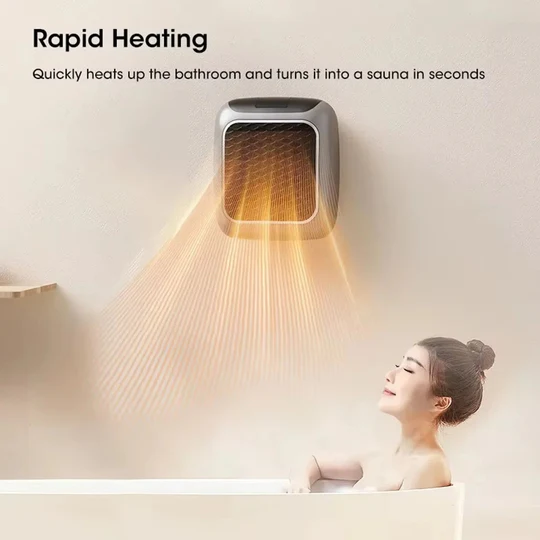 Portable mini electric room heater, wall-mounted for space-saving warmth. Personal ceramic indoor heater for comfort.