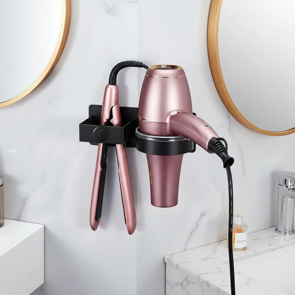 Compact wall organizer for hair styling tools, drill-free, in a modern bathroom setup.