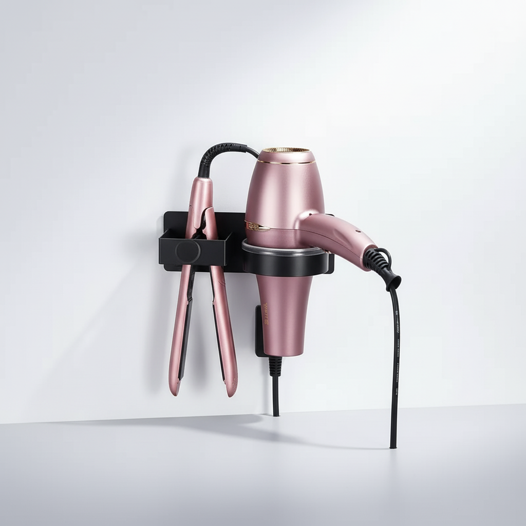 StyleGripz hair tool holder on a bathroom wall, neatly storing a hairdryer and straightener.