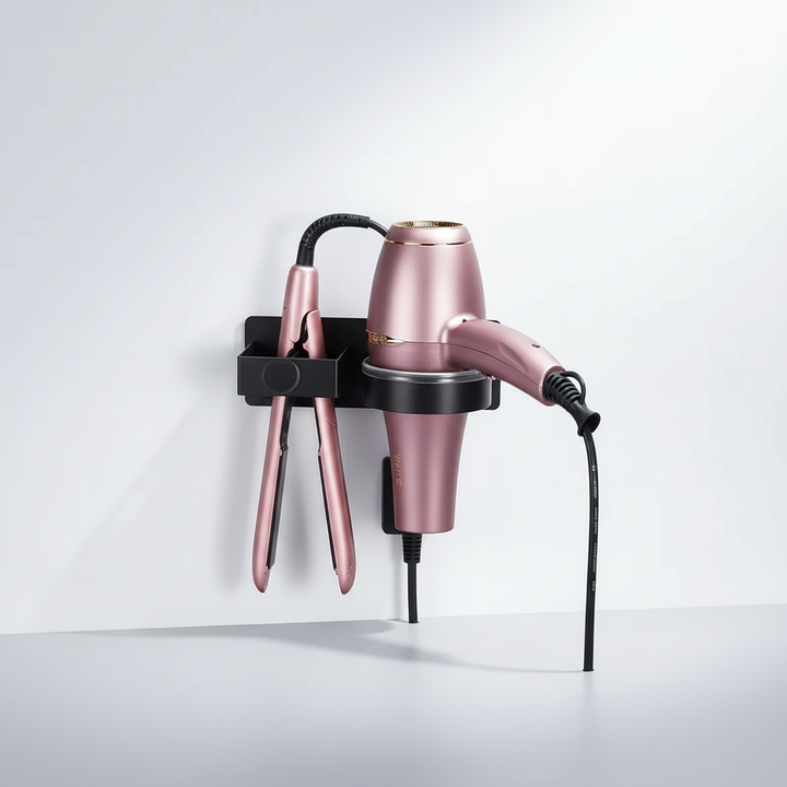 StyleGripz hair tool holder on a bathroom wall, neatly storing a hairdryer and straightener.