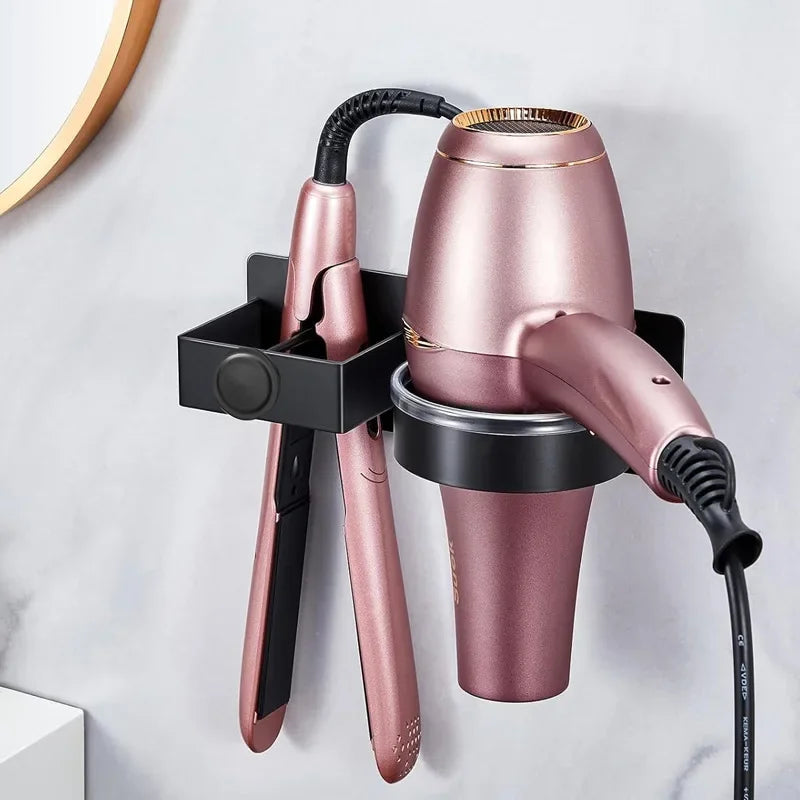 White wall-mounted hairdryer rack and straightener stand, optimizing small bathroom space.