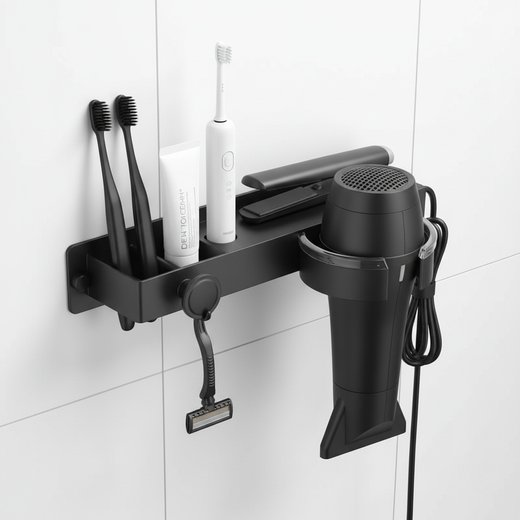 Detailed view of the compact wall organizer, showcasing its sturdy grip for styling tools.