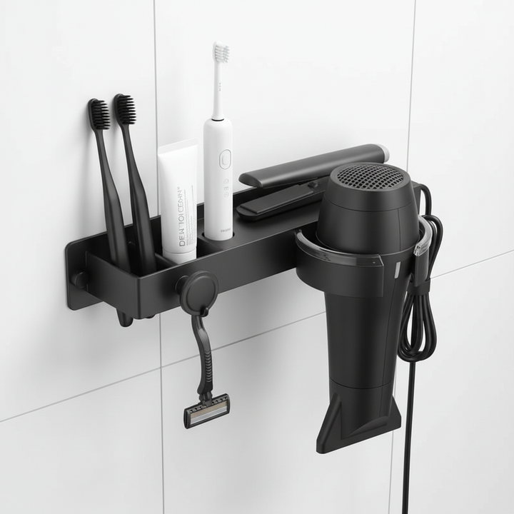 Detailed view of the compact wall organizer, showcasing its sturdy grip for styling tools.