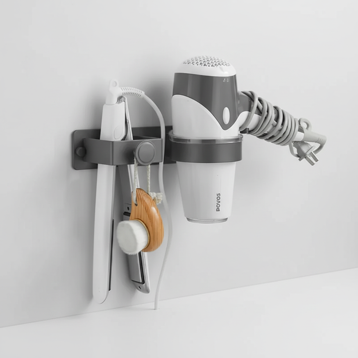 Bathroom accessories solution: a wall-mounted StyleGripz for hair dryers and flat irons.